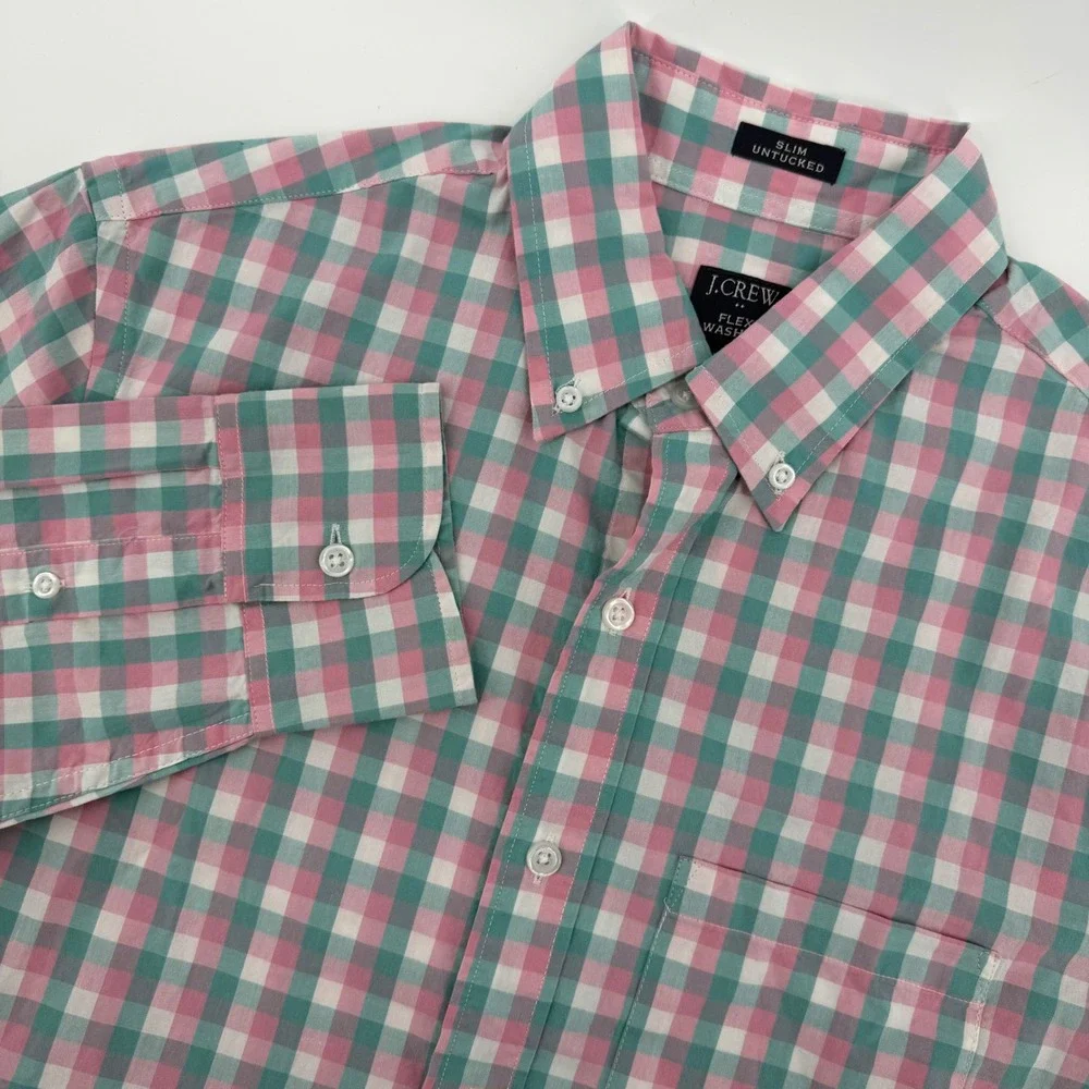 J Crew Mens Slim Fit Button Down Shirt Pink Green Gingham Plaid Size Small